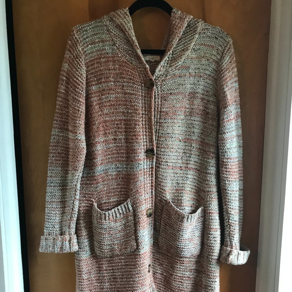 Easel Women's Sz L Long Length Button Down Cardigan Hoodie Sweater with Pockets